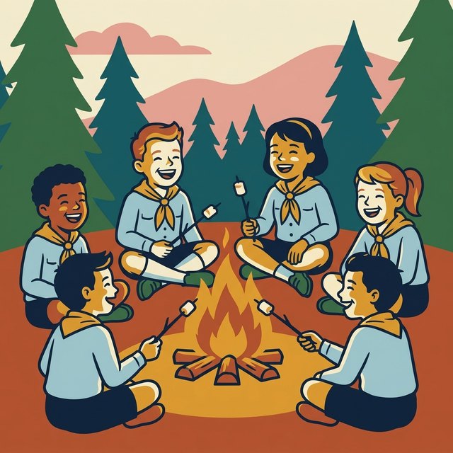 Illustration of six Cub Scouts sitting in a circle around a campfire, toasting marshmallows