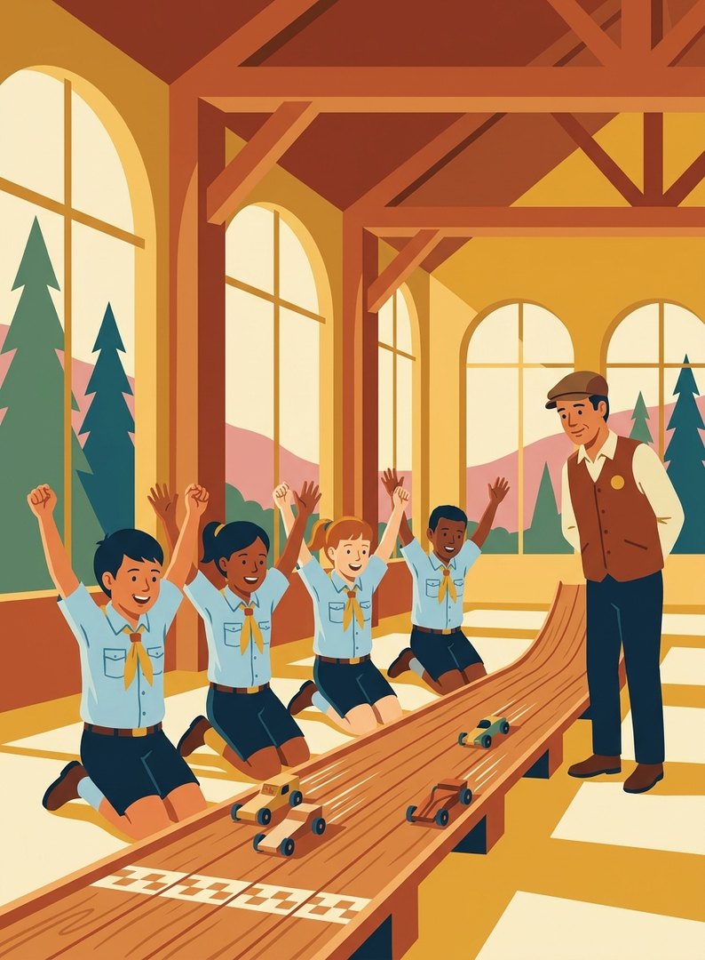 Illustration of four Cub Scouts kneeling at the end of a Pinewood Derby track, arms raised as their wooden cars race