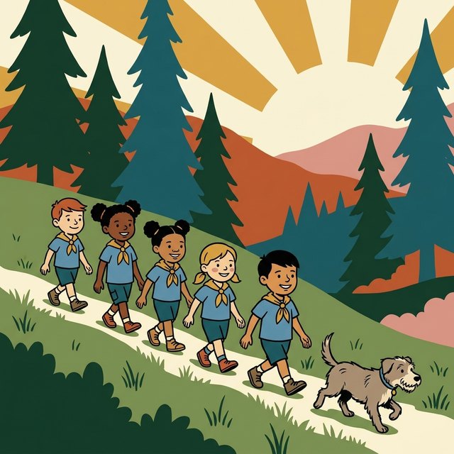 Illustration of five Cub Scouts hiking single file up a hill trail with a dog, pine trees and hills behind them