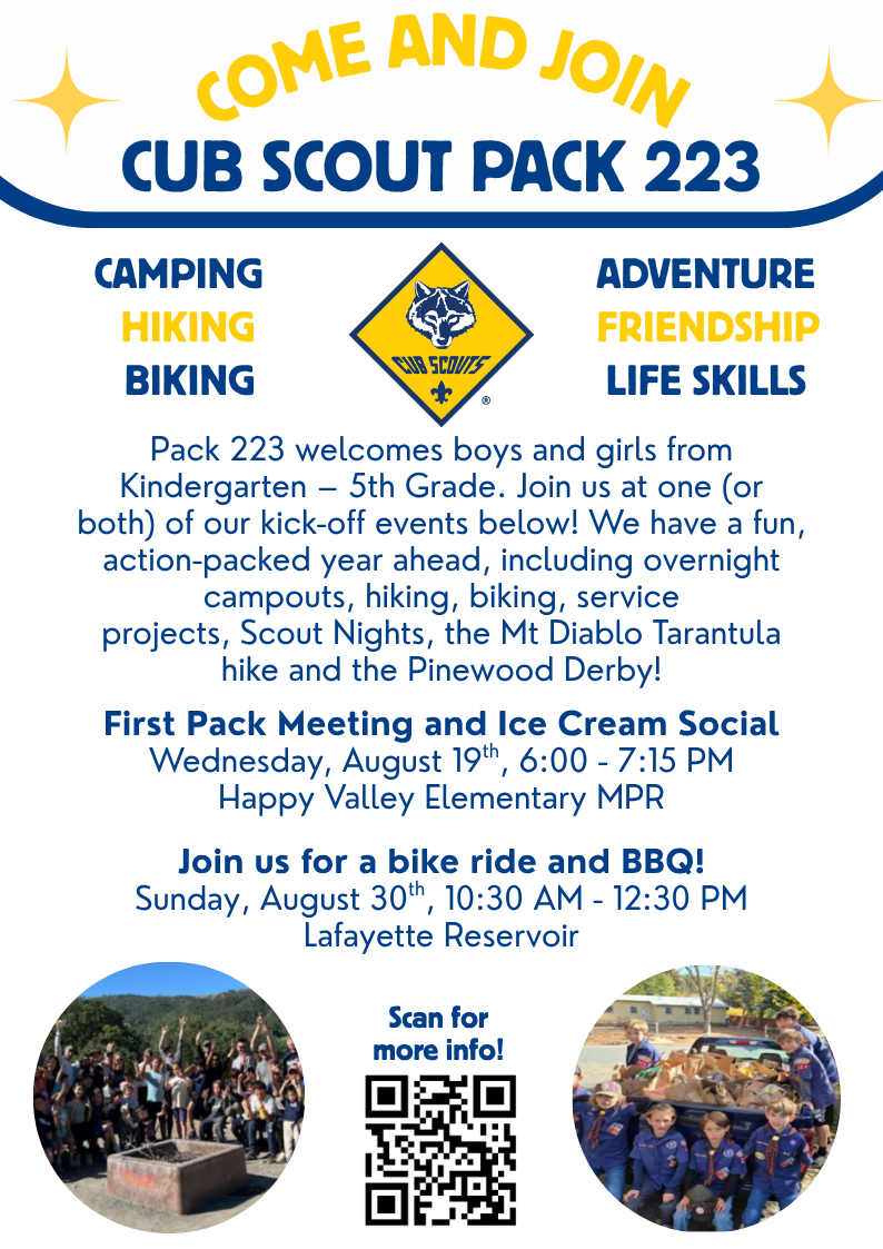 Pack 223 fall 2026 recruitment flyer listing the kick-off pack meeting and bike ride